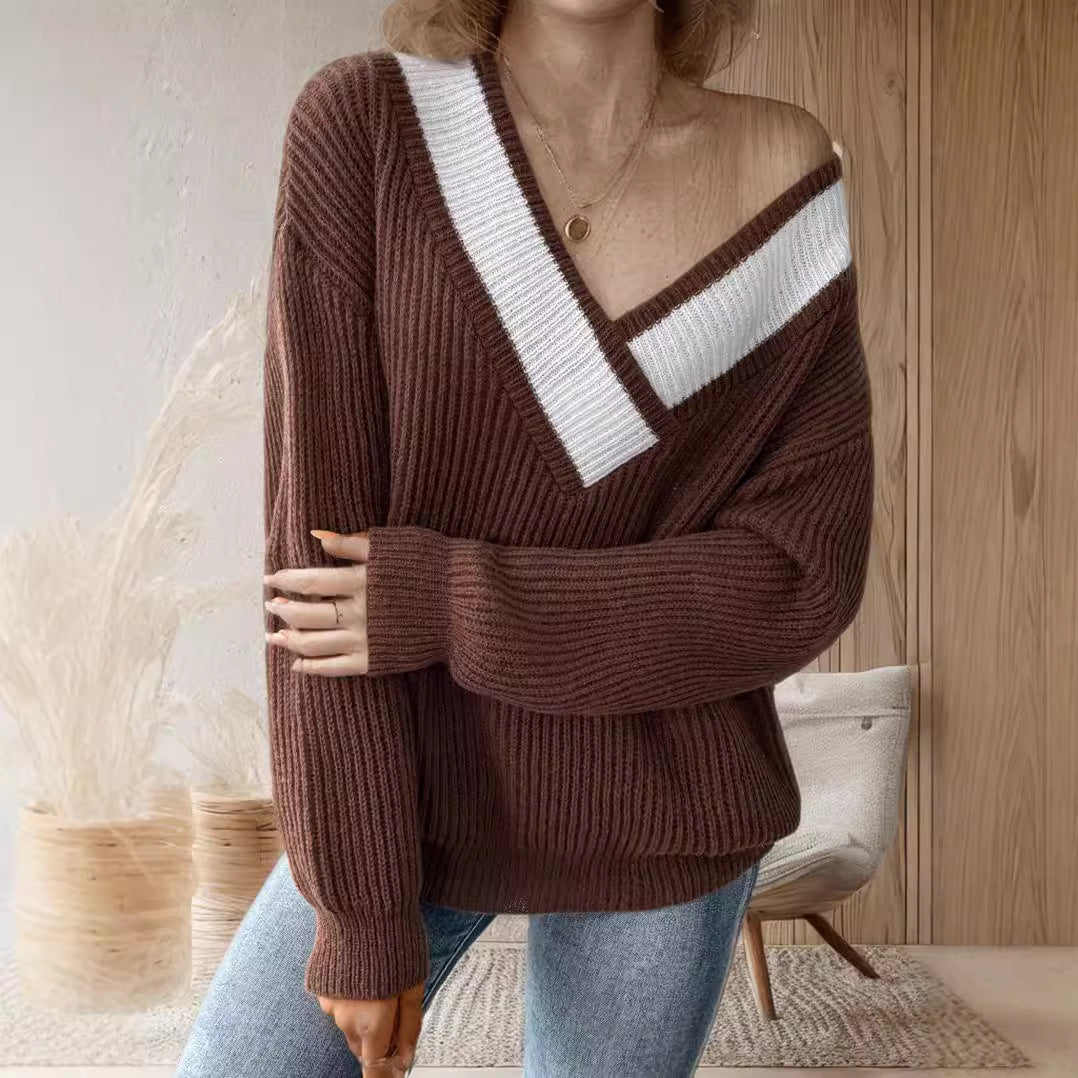Damen oversized V-Pullover mit strukturiertem Rippstrickdesign Heidi-Mode