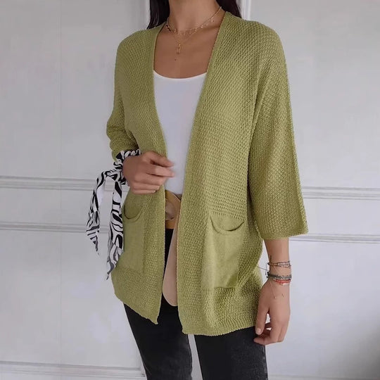 Damen lässige Strickjacke mit offener Vorderseite und praktischen Taschen Heidi-Mode