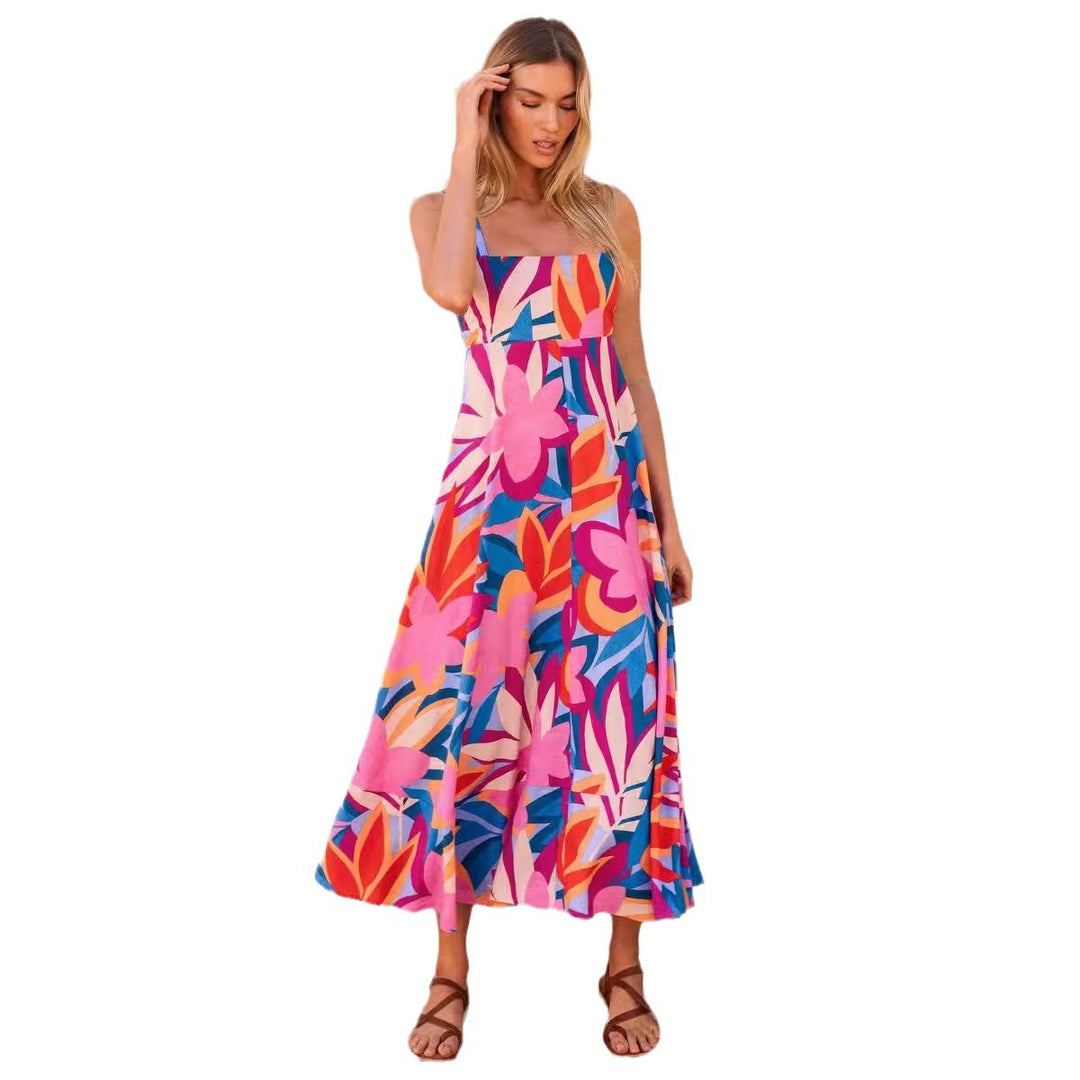 Damen Maxikleid mit Blumenmuster und verstellbaren Spaghettiträgern Heidi-Mode