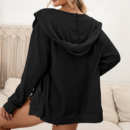 Damen lässige Waffle-Hoodie Jacke mit Reißverschluss Heidi-Mode