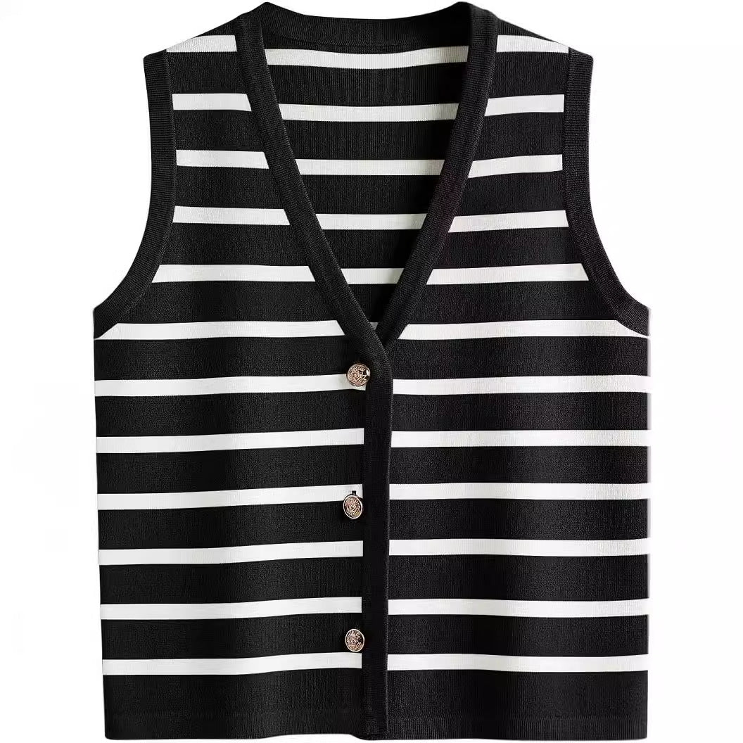 Damen ärmellose Strickweste mit V-Ausschnitt und dekorativen Knöpfen Heidi-Mode