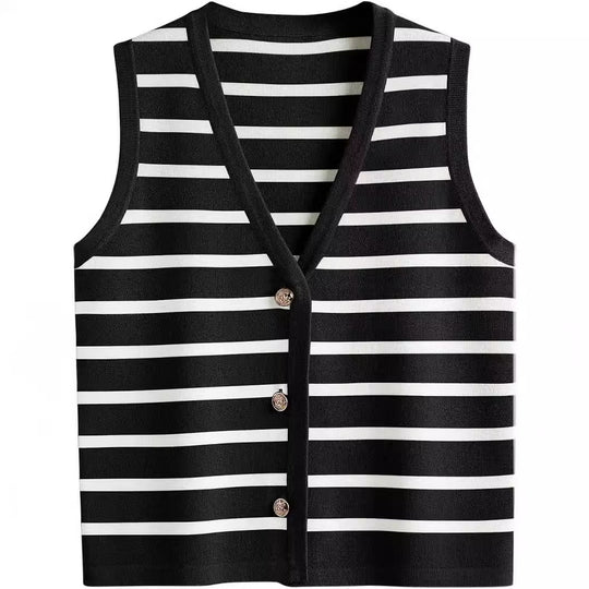 Damen ärmellose Strickweste mit V-Ausschnitt und dekorativen Knöpfen Heidi-Mode
