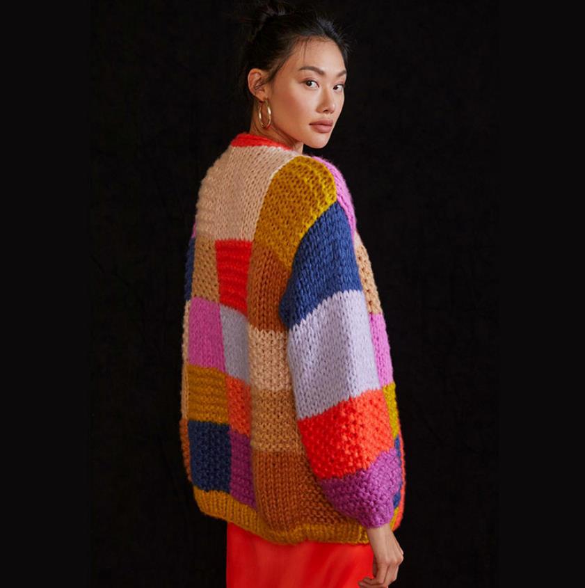 Damen Grobstrick-Cardigan mit buntem Patchwork-Design Heidi-Mode