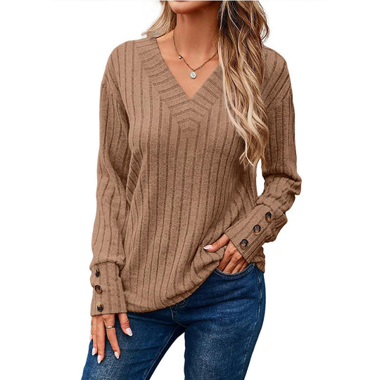 Damen V-Ausschnitt Pullover mit dekorativem Streifenmuster und Knopfdetails Heidi-Mode