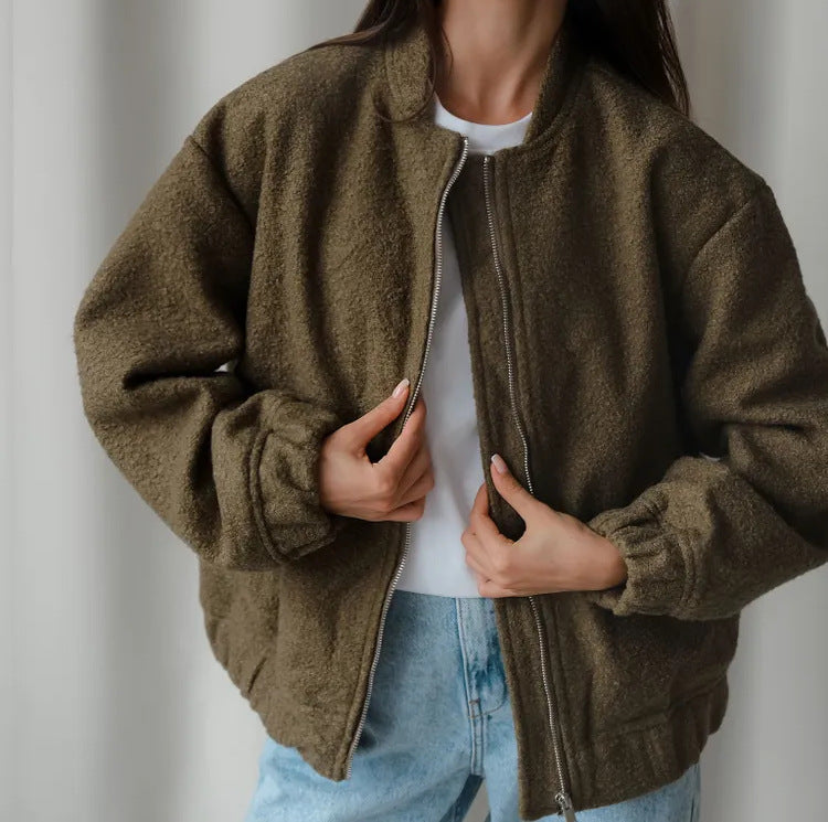 Damen Modische Bomberjacke aus weichem Wollmix mit Extragroßen Ärmeln Heidi-Mode