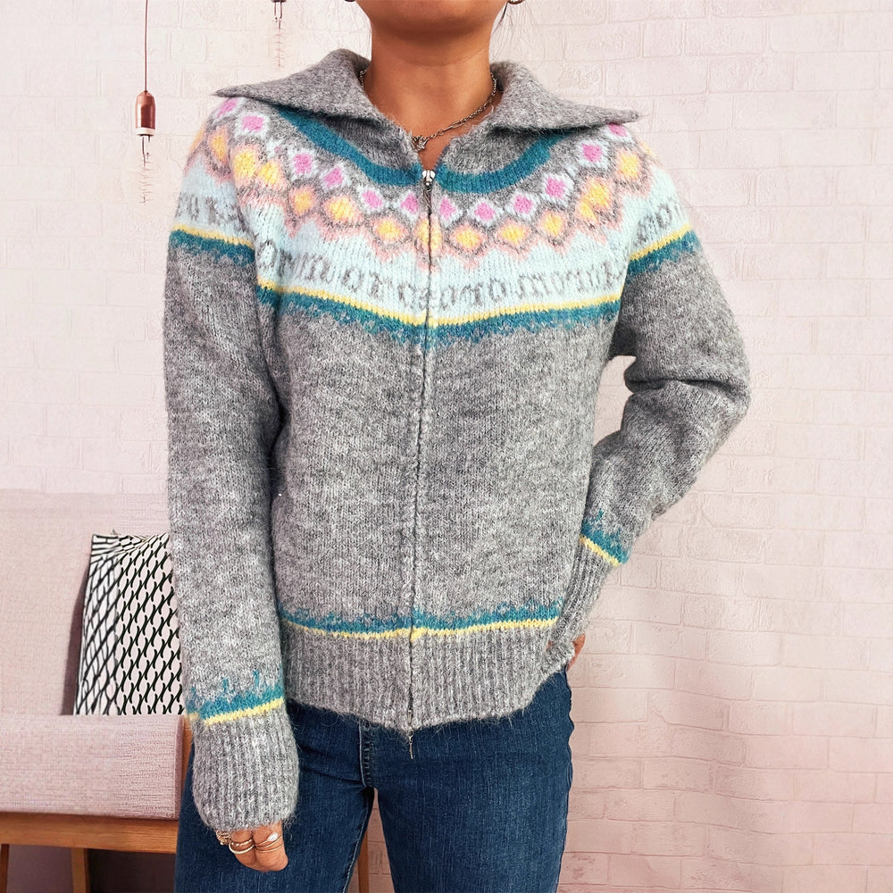 Damen Strickjacke mit buntem Muster und hochwertigem Reißverschluss Heidi-Mode