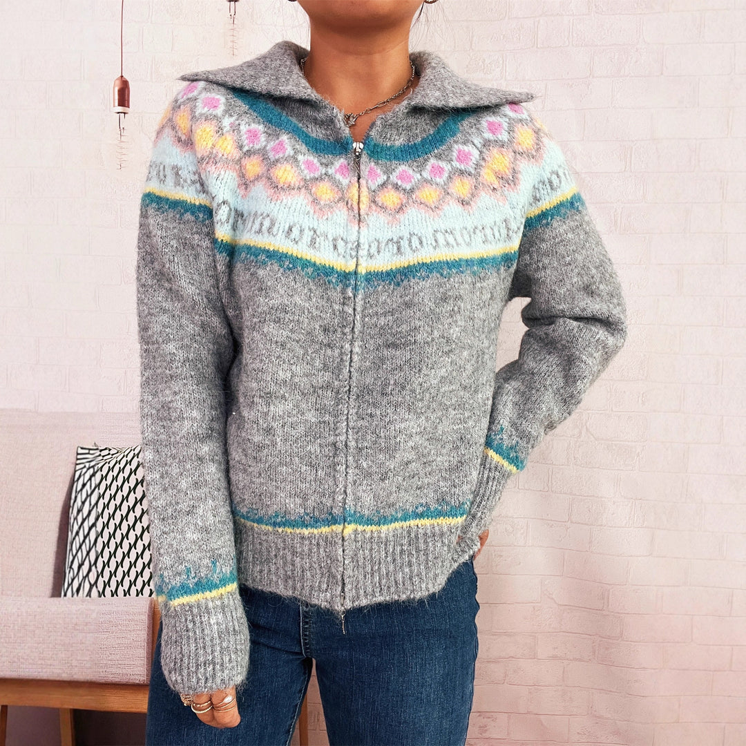 Damen Strickjacke mit buntem Muster und hochwertigem Reißverschluss Heidi-Mode