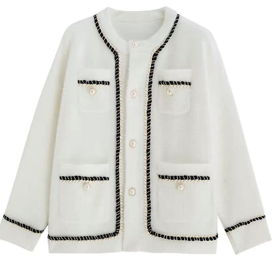 Damen modische Strickjacke mit eleganten Kontrastnähten und Knopfdetails Heidi-Mode