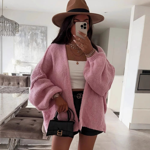 Damen oversized Strickjacke mit lässigen Ballonärmeln und strukturiertem Material Heidi-Mode