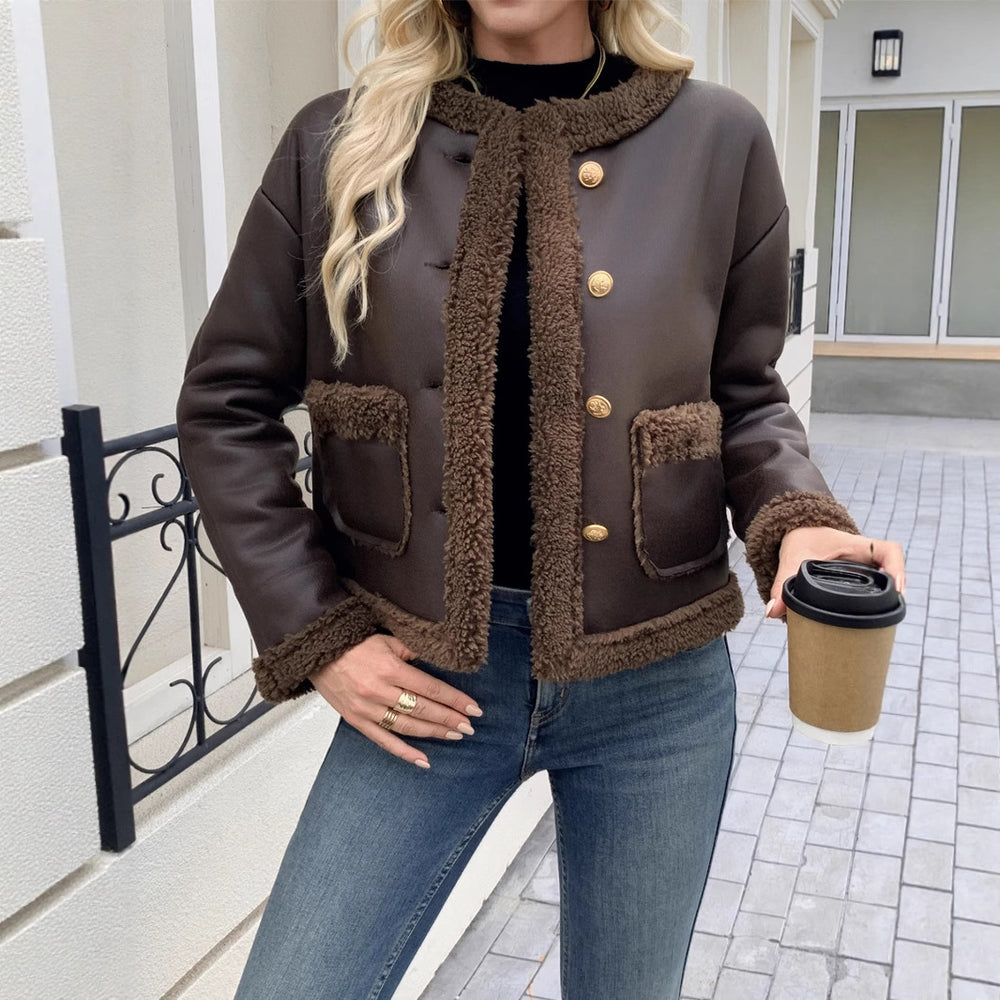Damen Kurz geschnittene Texturjacke mit verdeckten Knöpfen und Taschen Heidi-Mode