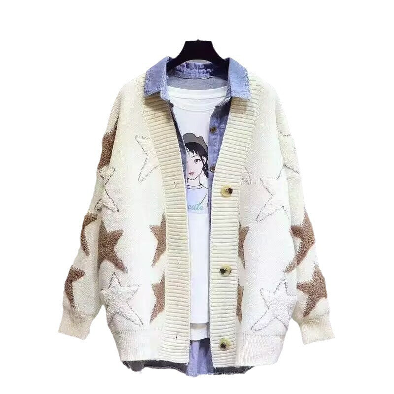 Damen Grobstrick-Cardigan mit Sternenmuster und tiefem V-Ausschnitt Heidi-Mode