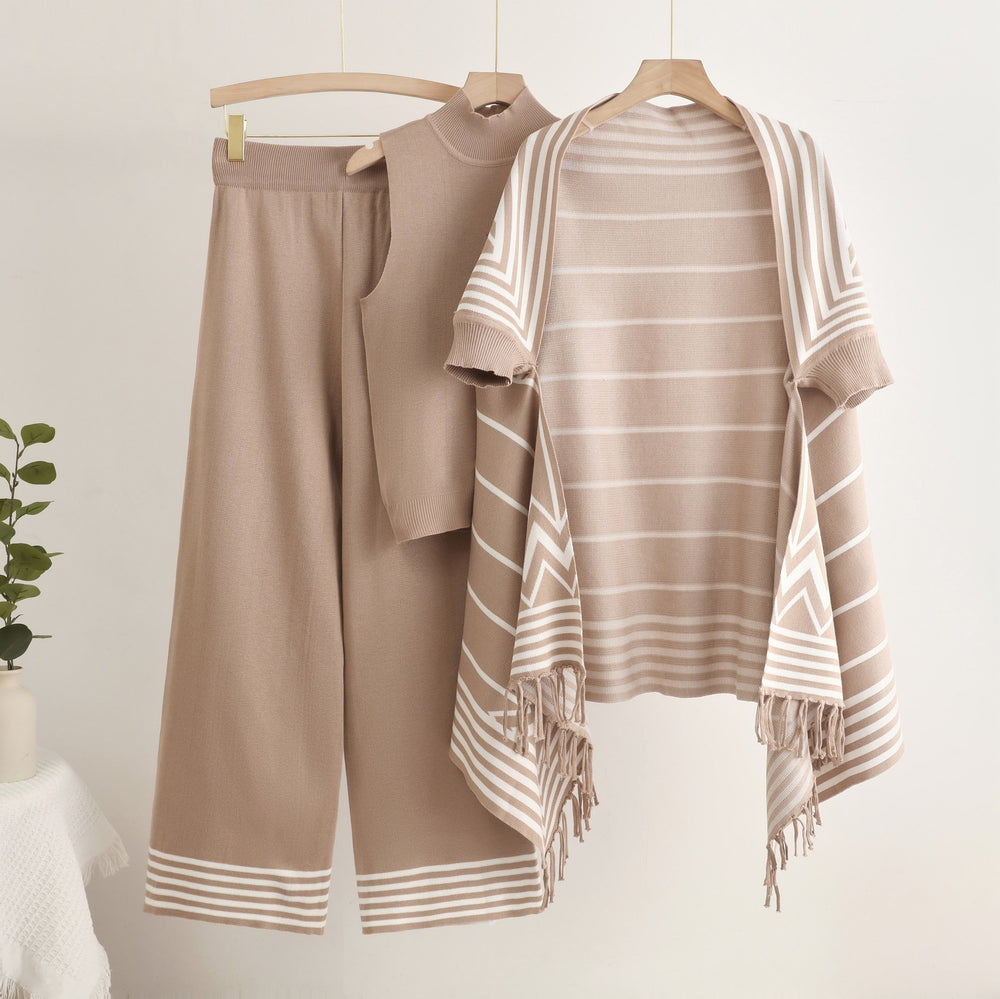 Damen elegantes Strick-Kombinationsset mit hochgeschlossenem Oberteil und weiten Hosen Heidi-Mode