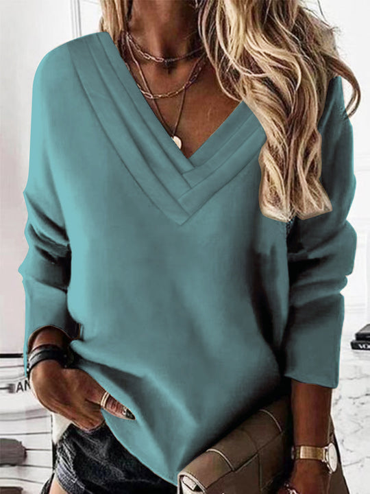 Damen V-Ausschnitt Sweatshirt mit eleganten Faltendetails Heidi-Mode