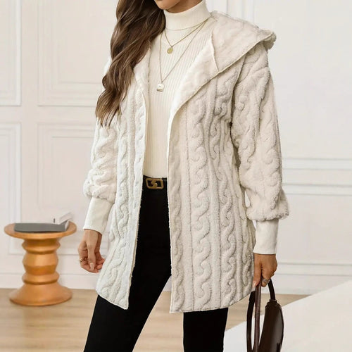 Damen Kuschelige Strickjacke mit Kapuze und Wellenmuster Heidi-Mode