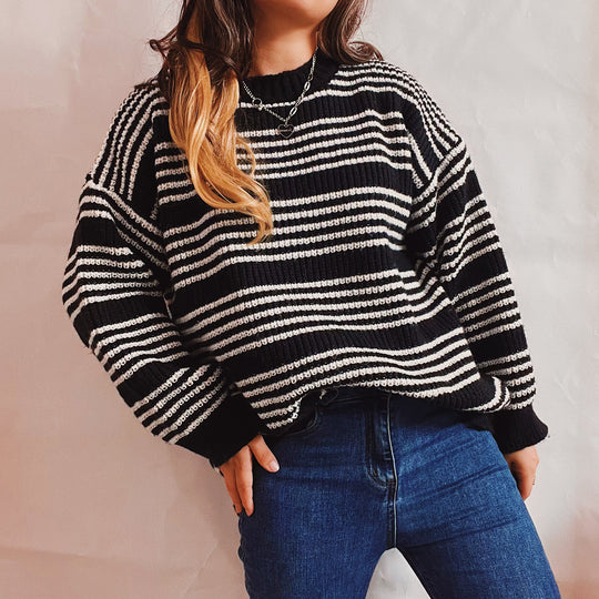 Damen lässiger Strickpullover mit breiten Streifen und überschnittenen Schultern Heidi-Mode