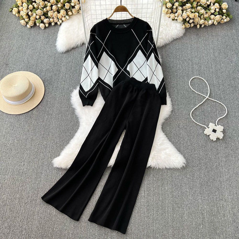 Damen elegantes Strick-Loungewear-Set mit Rautenmuster und weitem Bein Heidi-Mode