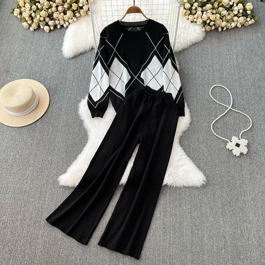 Damen elegantes Strick-Loungewear-Set mit Rautenmuster und weitem Bein Heidi-Mode
