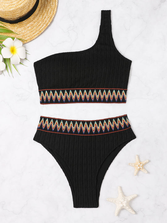 Damen Hochwertiges Bikini-Set mit asymmetrischem Oberteil und buntem Stickdesign Heidi-Mode