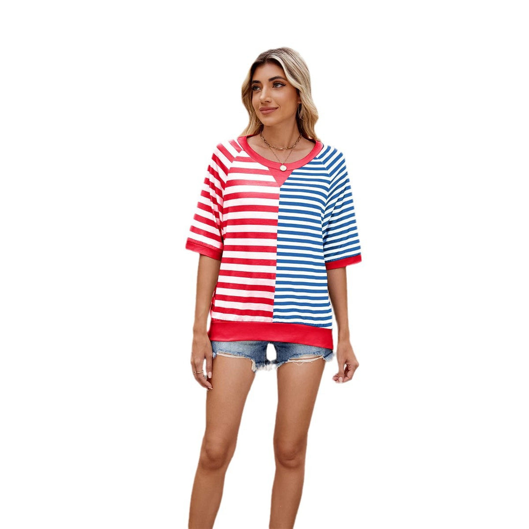 Heidi Mode | Gestreifte farblich passende Rundhalsausschnitt lose kurze Ärmel