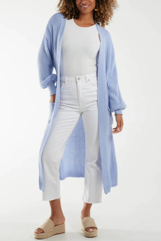 Damen Langer Strickcardigan mit voluminösen Ärmeln und offenem Schnitt Heidi-Mode