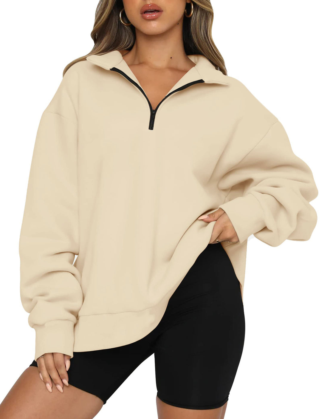 Damen Oversized Sweatshirt mit kurzem Reißverschluss und lässigem Schnitt Heidi-Mode