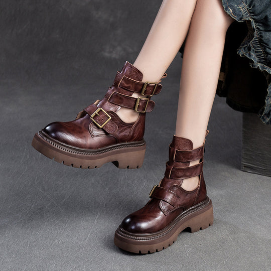 Damen Chunky Biker-Stiefel mit verstellbaren Riemen und robustem Sohlenprofil Heidi-Mode