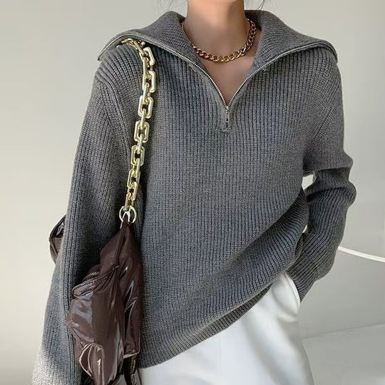 Damen Leichter Strickpullover mit hohem Kragen und Reißverschluss Heidi-Mode