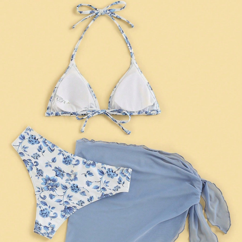 Damen Triangel-Bikini-Set mit romantischem Blumenmuster und eleganter Pareo Heidi-Mode