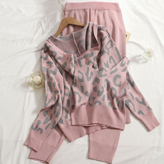 Damen lässiges Hoodie- und Jogginganzug-Set mit Leopardenmuster Heidi-Mode