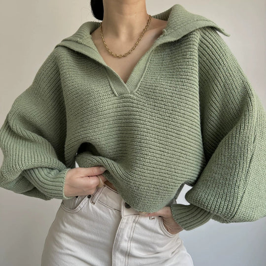 Damen Großer Strickpulli mit V-Ausschnitt Heidi-Mode