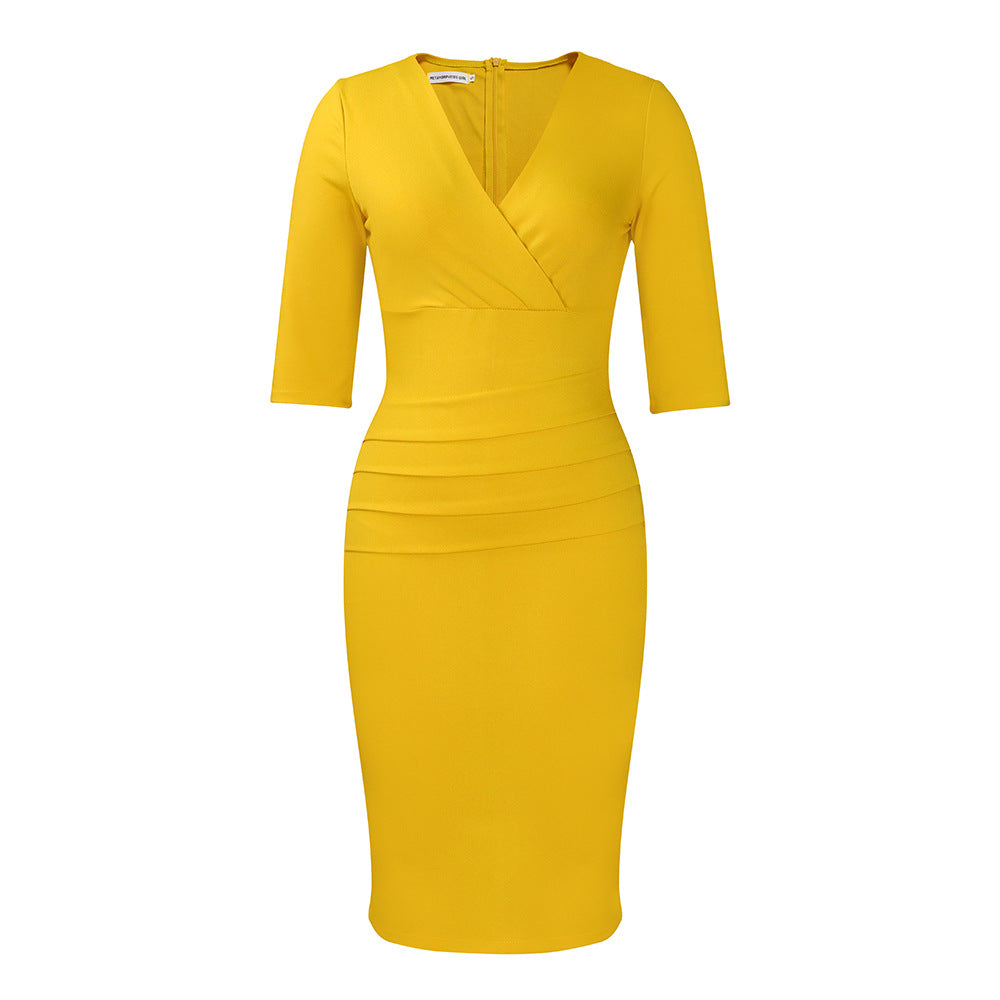 Damen figurbetontes Midikleid mit V-Ausschnitt und raffiniertem Drapierungsdesign Heidi-Mode