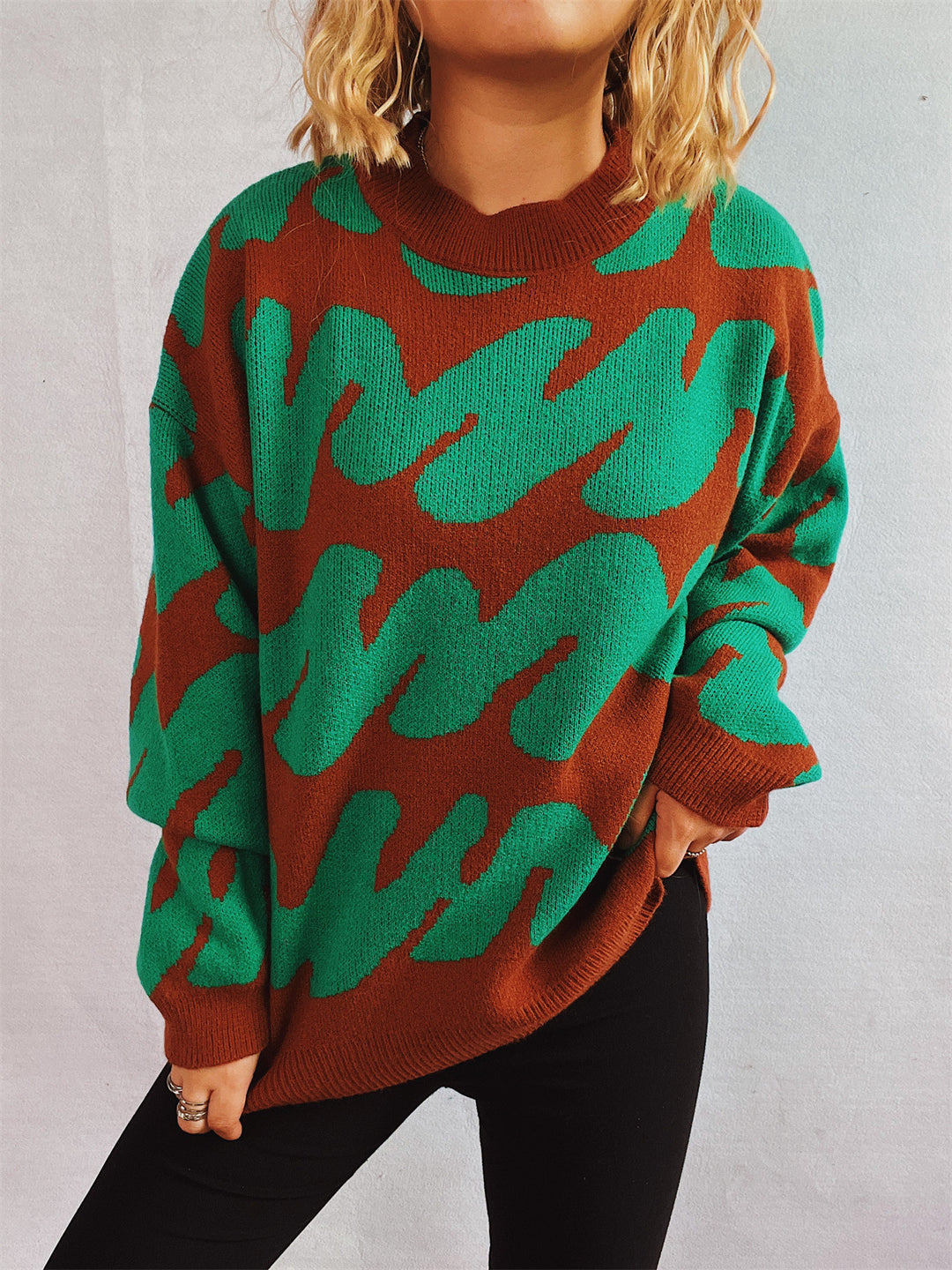 Damen lässiger Pullover mit modernem Farbblockdesign und voluminösen Ärmeln Heidi-Mode