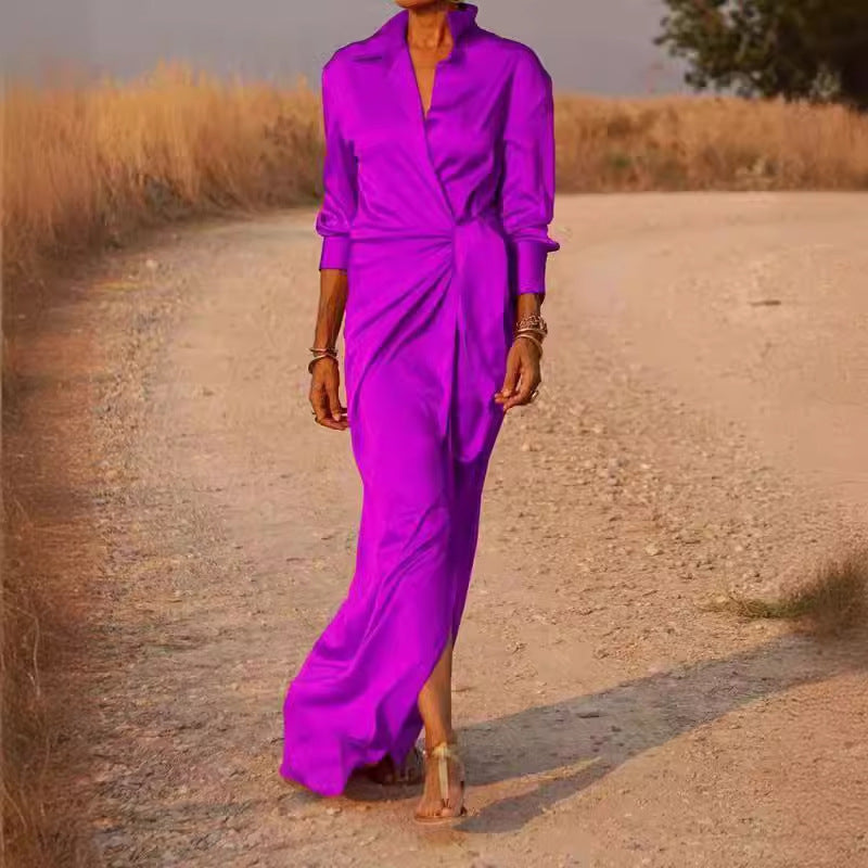 Damen Elegantes Wickel-Maxi-Kleid mit vielseitigem Kragen und seitlichem Schlitz Heidi-Mode