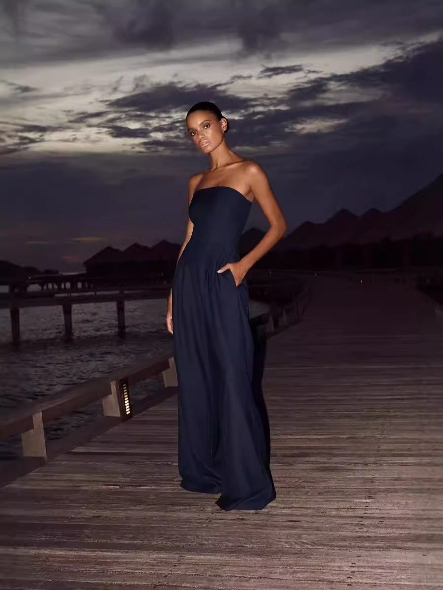 Damen trägerloser Jumpsuit mit weitem Bein und seitlichen Taschen Heidi-Mode