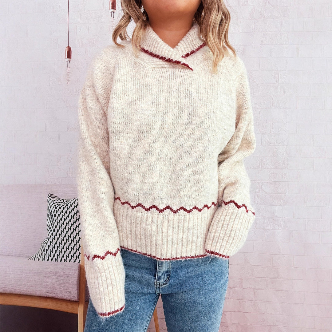Damen lässiger Strickpullover mit modischem Kragen und fransigen Akzenten Heidi-Mode