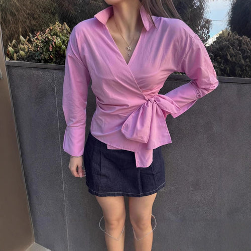 Damen Wickelbluse mit Bindeband und elegantem Kragen Heidi-Mode