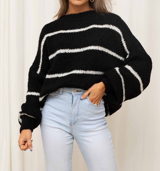 Damen grob gestrickter Pullover mit modernen Streifen und lässigem Schnitt Heidi-Mode