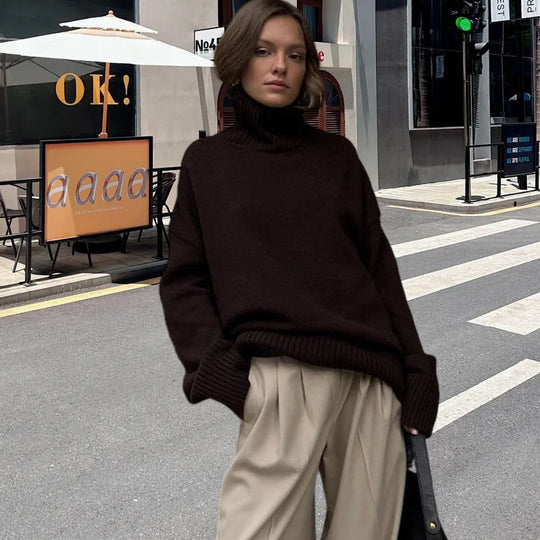 Damen Strickpullover mit hohem Kragen und weitem Schnitt Heidi-Mode