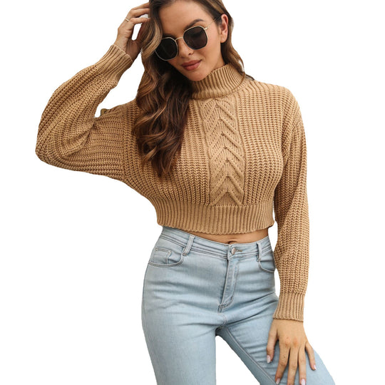 Damen Cropped Strickpullover mit strukturiertem Zopfmuster Heidi-Mode