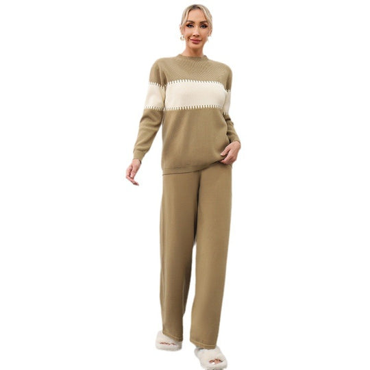 Damen gemütliches Strick-Loungewear-Set mit elegantem Strukturmuster und weitem Bein Heidi-Mode