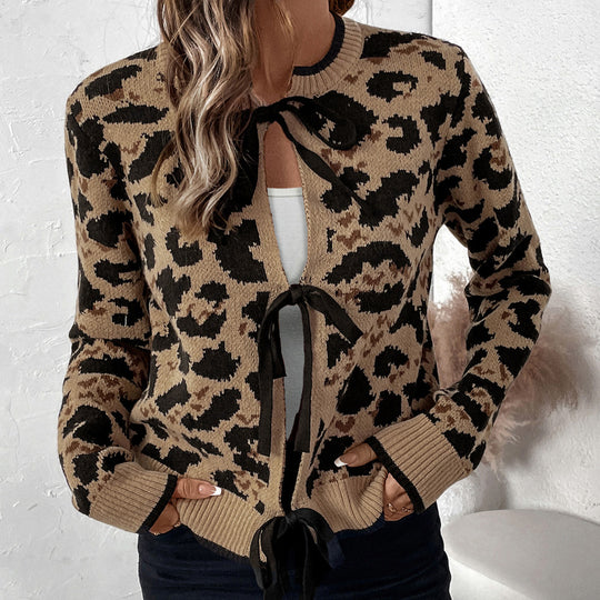 Damen Leo-Muster Strickjacke mit Bändern Heidi-Mode