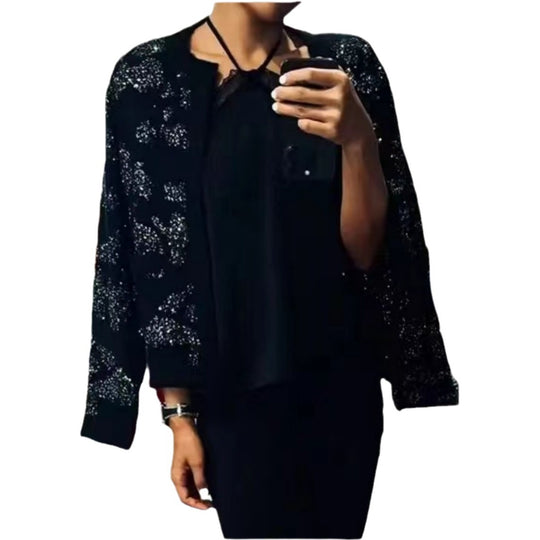Damen Glitzernde Bomberjacke mit rüschenbesetzten Ärmeln und luxuriösem Design Heidi-Mode