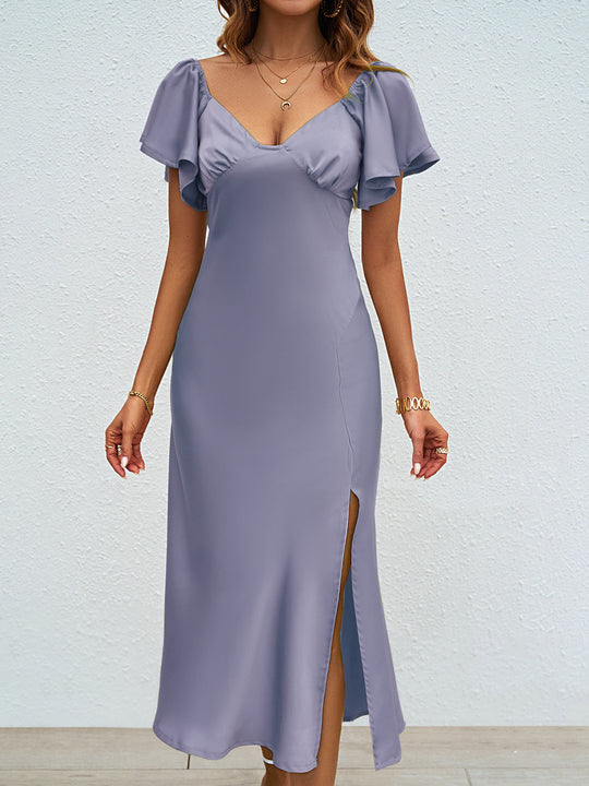 Damen Maxikleid mit eleganten Puffärmeln und seitlichem Schlitz Heidi-Mode