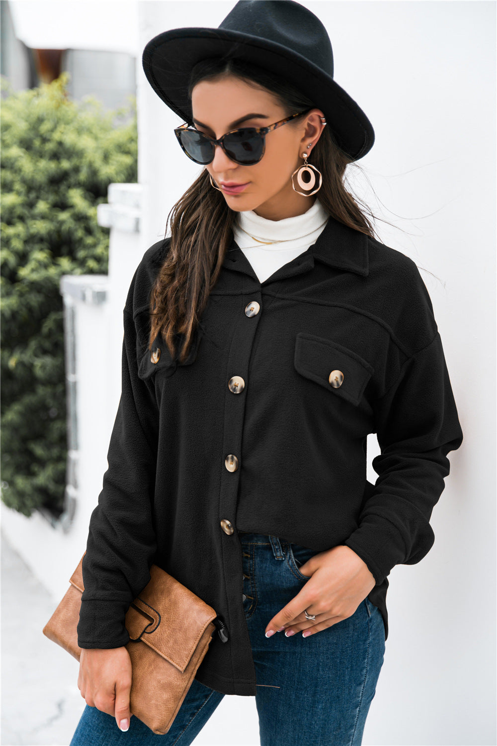 Damen oversize Blusenjacke aus weichem Fleece mit Knopfleiste und Brusttaschen Heidi-Mode