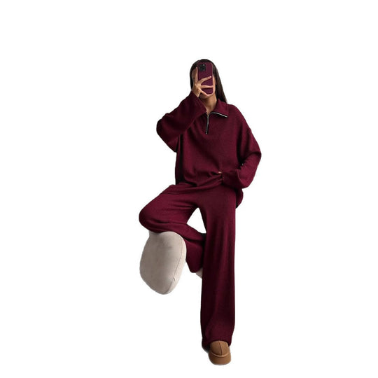 Damen Oversized Strickanzug mit modernem Stehkragen und Reißverschluss Heidi-Mode