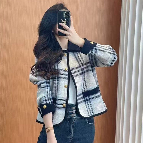 Damen Karierte Blazerjacke mit herausnehmbaren Taschen und Knopfdetails Heidi-Mode