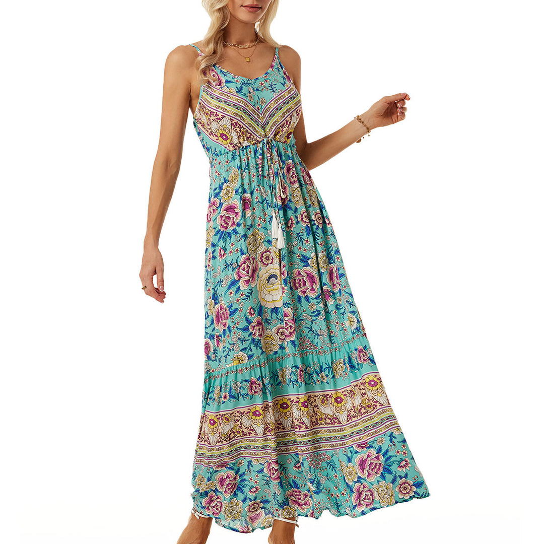 Damen Langes Sommerkleid mit buntem Blumenmuster und taillierbarem Bandeau Heidi-Mode