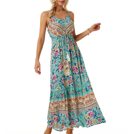 Damen Langes Sommerkleid mit buntem Blumenmuster und taillierbarem Bandeau Heidi-Mode