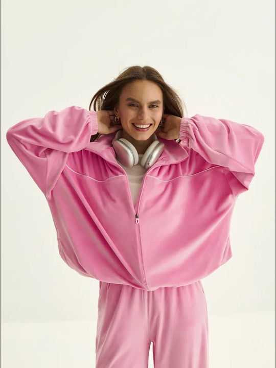 Damen sportliche Fleece-Jacke mit weitem Schnitt und kontrastierenden Details Heidi-Mode