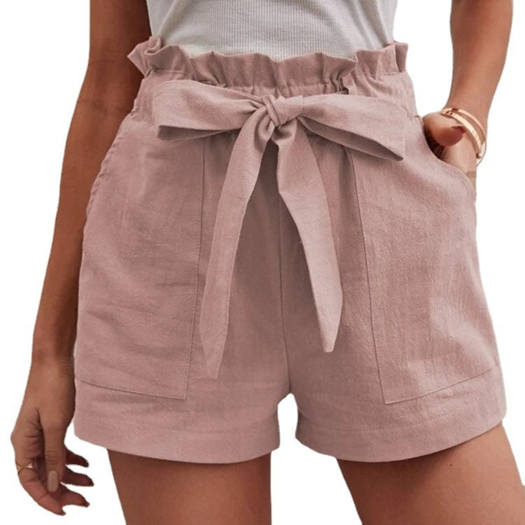 Damen kurze Lockere Leinenhose mit Bindegürtel Heidi-Mode